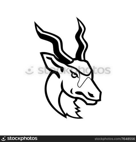 Black and white mascot illustration of head of an addax, white antelope or screwhorn antelope, an antelope that lives in the Sahara desert viewed from side on isolated background in retro style.. Head of an Addax White Antelope or Screwhorn Antelope Mascot Black and White