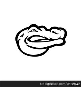 Black and white mascot illustration of head of an alligator, gator, crocodile or croc viewed and looking from side on isolated background in retro style.. Alligator or Gator Head Side View Mascot Black and White