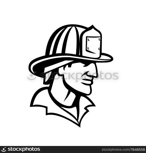 Black and White mascot illustration of head of an American fireman or firefighter, a rescuer extensively trained in firefighting, looking to side on isolated background in retro style.. Head of American Firefighter Fireman Looking Side Mascot Black and White