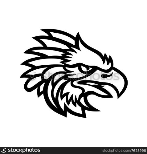 Black and white mascot illustration of head of an American harpy eagle Harpia harpyja, a neotropical species of eagle, viewed from side on isolated background in retro style.. Head of an American Harpy Eagle Side View Mascot Black and White