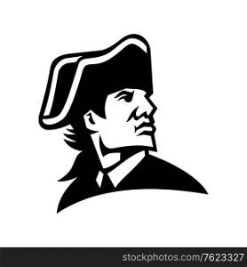 Black and white mascot illustration of head of an American revolution military commander or general wearing tricorn hat looking to side on isolated background in retro style.. American Revolution General Looking to Side Mascot Black and White
