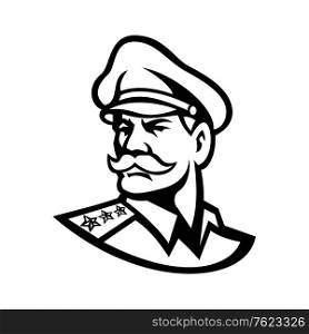 Black and white mascot illustration of head of an American three-star general wearing a peaked cap looking forward viewed from side on isolated background in retro style.. Head of an American Three-Star General Mascot Black and White