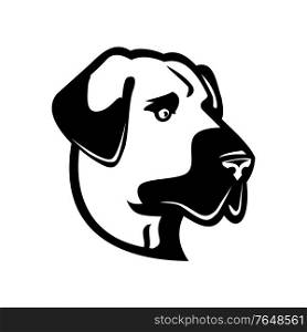 Black and white mascot illustration of head of an Anatolian Shepherd dog, Anatolian Blackhead or Kangal, a livestock guardian dog viewed from side on isolated background in retro style.. Head of an Anatolian Shepherd Dog or Kangal Side View Mascot Black and White