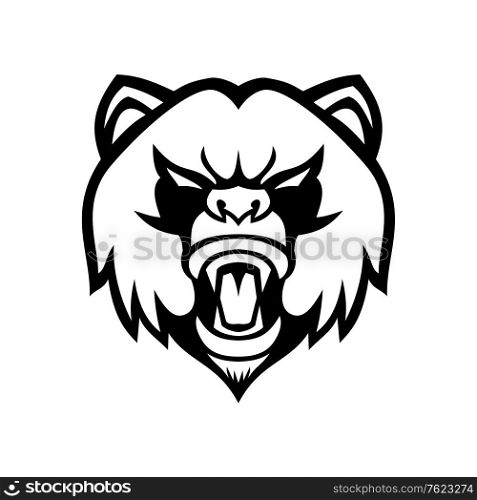 Black and white mascot illustration of head of an angry giant panda or panda bear, a bear native to south central China viewed from front on isolated background in retro style.. Angry Giant Panda Head Front Mascot Black and White