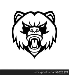 Black and white mascot illustration of head of an angry giant panda or panda bear, a bear native to south central China viewed from front on isolated background in retro style.. Angry Giant Panda Head Front Mascot Black and White