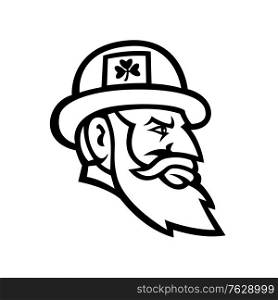 Black and white mascot illustration of head of an Irish leprechaun, a type of fairy in Irish folklore depicted as little green bearded man, wearing coat and hat side view isolated background in retro style.. Head of an Irish Leprechaun Side View Mascot Black and White