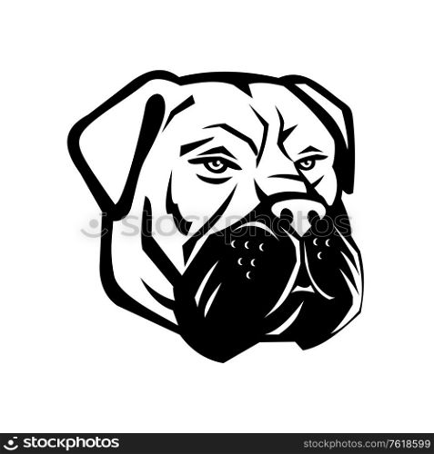 Black and white mascot illustration of head of Bullmastiff, a large-sized breed of domestic dog, with characteristics of molosser dogs on isolated background in retro style.. Bullmastiff Dog Head Mascot Black and White