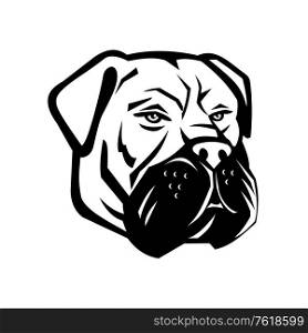 Black and white mascot illustration of head of Bullmastiff, a large-sized breed of domestic dog, with characteristics of molosser dogs on isolated background in retro style.. Bullmastiff Dog Head Mascot Black and White