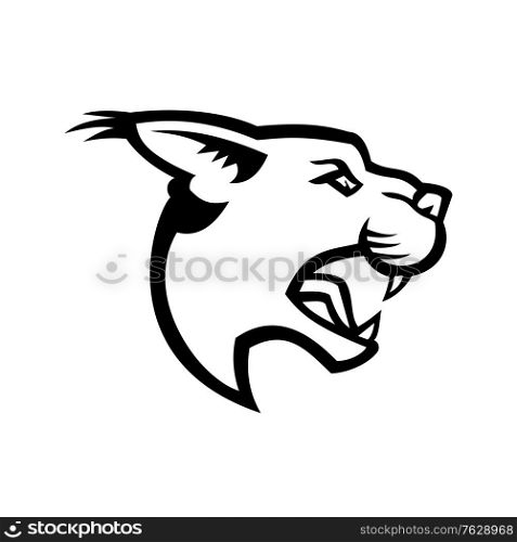 Black and white mascot illustration of head of caracal, a medium-sized wild cat native to Africa with short face, long tufted ears, and long canine teeth viewed from side on isolated background in retro style.. Head of Angry Caracal Side Mascot Black and White