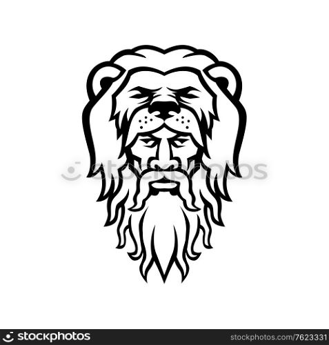 Black and white mascot illustration of head of Hercules or Heracles, a Roman hero and mythology god, son of Jupiter wearing a lion skin pelt viewed from front on isolated background in retro style.. Hercules Wearing Lion Skin Head Mascot Black and White