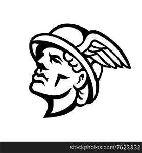 Black and White mascot illustration of head of Hermes, Greek god in religion and mythology with winged cap looking up viewed from side on isolated background in retro style.. Head of Hermes Greek God Mascot Black and White