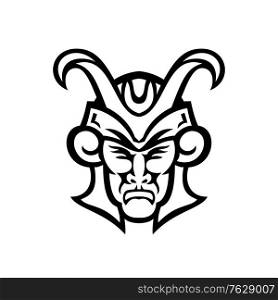 Black and white mascot illustration of head of Loki, a god in Norse mythology, who is a shape shifter viewed from front on isolated background in retro style.. Head of Loki Norse God Front View Mascot Black and White