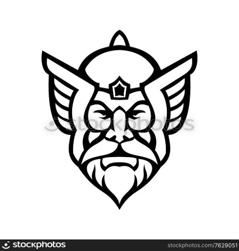 Black and white mascot illustration of head of Thor, a hammer-wielding god associated with thunder, lightning, storms, and strength viewed from front on isolated background in retro style.. Head of Thor Norse God Front View Mascot Black and White