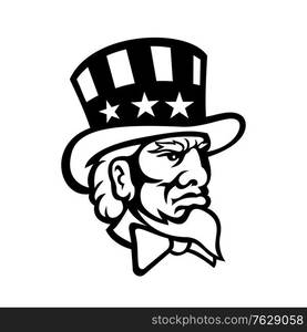 Black and white mascot illustration of head of Uncle Sam, a popular symbol of the US government in American culture and patriotism, wearing top hat with USA flag viewed from side done retro style.. Head of American Symbol Uncle Sam Mascot Black and White