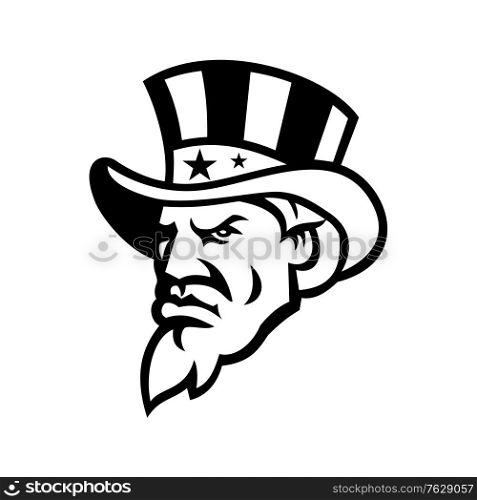Black and white mascot illustration of head of Uncle Sam wearing a top hat with USA American stars and stripes viewed from side on isolated background in retro style.. Head of American Uncle Sam Wearing USA Top Hat Mascot Black and White