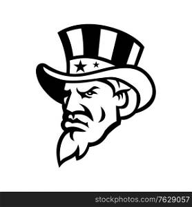 Black and white mascot illustration of head of Uncle Sam wearing a top hat with USA American stars and stripes viewed from side on isolated background in retro style.. Head of American Uncle Sam Wearing USA Top Hat Mascot Black and White