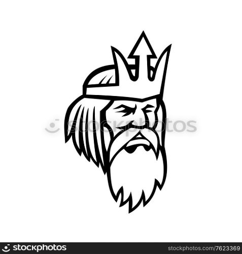 Black and white mascot illustration of of head of Poseidon or Neptune, god of the Sea in Greek and Roman mythology looking to side viewed from front on isolated background in retro style.. Head of Poseidon or Neptune Looking to Side Mascot Black and White