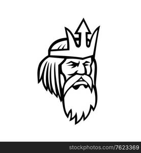 Black and white mascot illustration of of head of Poseidon or Neptune, god of the Sea in Greek and Roman mythology looking to side viewed from front on isolated background in retro style.. Head of Poseidon or Neptune Looking to Side Mascot Black and White