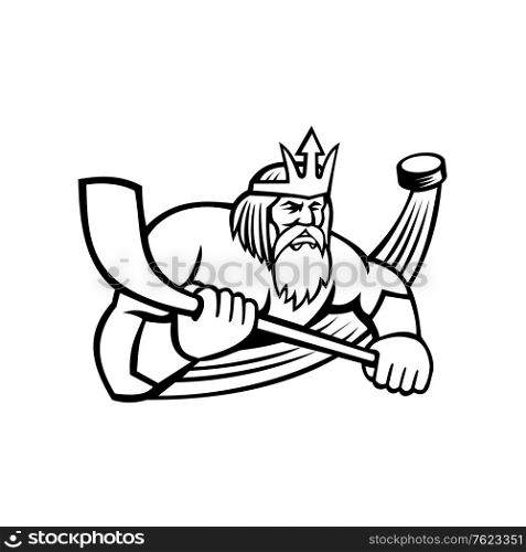 Black and white mascot illustration of Poseidon or Neptune, god of the Sea in Greek and Roman mythology holding an ice hockey stick with puck viewed from front on isolated background in retro style.. Poseidon With Ice Hockey Stick and Puck Sports Mascot Black and White