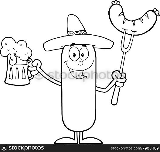 Black And White Mexican Sausage Cartoon Character Holding A Beer And Weenie On A Fork