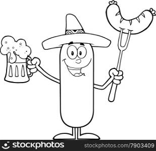 Black And White Mexican Sausage Cartoon Character Holding A Beer And Weenie On A Fork