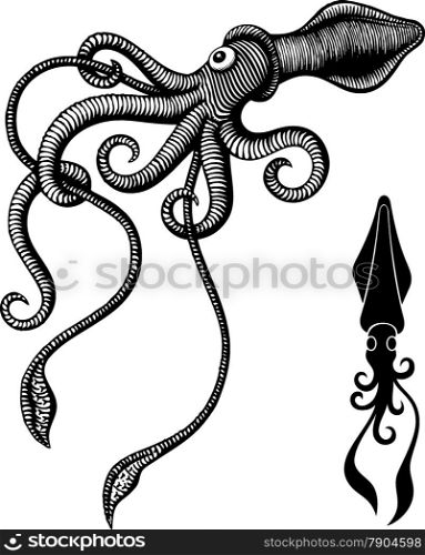 Black and white monster squid woodcut.