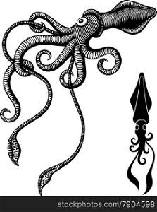 Black and white monster squid woodcut.