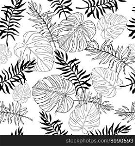 Black and white monstera and palm leaves seamless pattern for textile or wallpapers. Vector leaves background. Black and white monstera and palm leaves seamless pattern for textile or wallpapers. Vector tropical leaves background