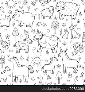 Black and white mother and baby animals seamless pattern. Farm characters moms with their babies background for coloring page. Vector illustration