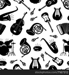 Black and white music instruments seamless pattern design. Guitar instrument for melody, jazz and rock music illustration. Black and white music instruments seamless pattern design