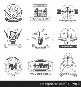 Black And White Music Styles Labels. Black and white music styles labels with classic rock metal blues balalaika isolated vector illustration
