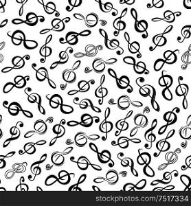 Black and white music themed background with seamless pattern of randomly scattered treble clefs. May be used as arts and entertainment theme or scrapbook page backdrop design. Musical seamless pattern with treble clefs