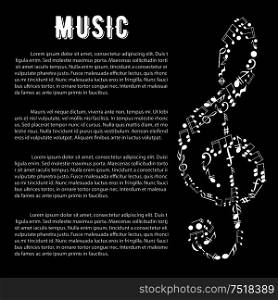 Black and white musical banner with treble clef symbol, created of musical notes, bass clefs, key signatures, chords, pauses with text layout. Music and arts infographics design template. Music arts banner with treble clef and notes
