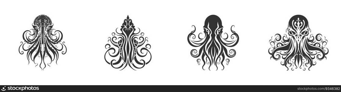 Black and white octopus logo. Cthulhu logo. Vector illustration.