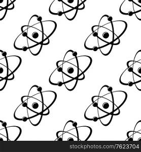 Black and white orbiting atoms or planets forming elliptical orbits in a repeat seamless pattern in square format