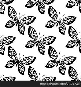 Black and white ornate seamless butterfly pattern of flying butterflies in square format for wallpaper and fabric design. Calligraphic seamless butterfly pattern