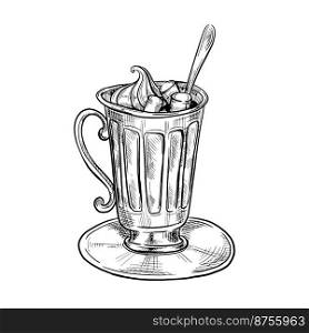 Black and white outline illustration of a cup of hot chocolate with marshmallows.. Hot chocolate in a mug with whipped cream. Hugge drink. Decorative hand drawn sketch vector illustration.