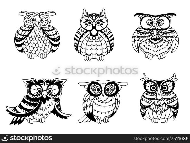 Black and white outline silhouettes of cute little owls with different ...