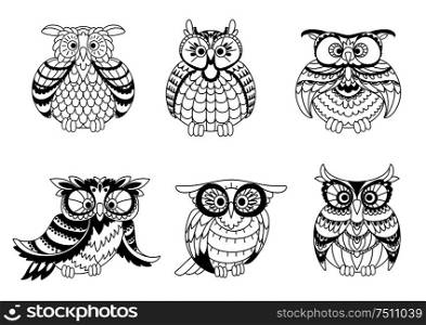 Black and white outline silhouettes of cute little owls with different shapes, plumage and eyes. Vector illustration. Black and white owls outline silhouettes