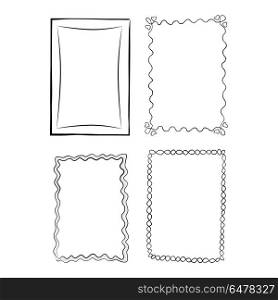 Black and White Outlined Frames Illustrations Set. Black and white outlined frames set. Simple square, wavy with hearts, curved with thick outline and in form of chain frameworks vector illustrations.