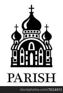 Black and white Parish church illustration with the silhouette of a church building with three onion domes and crosses above the word - Parish