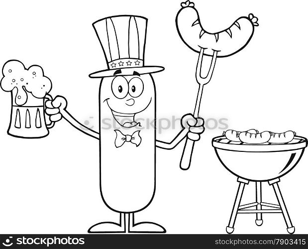 Black And White Patriotic Sausage Cartoon Character Holding A Beer And Weenie Next To BBQ