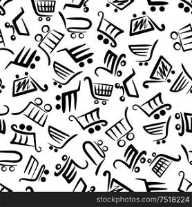 Black and white pattern of shopping carts for season of sales and retail themes design with seamless background of supermarket trolleys symbols in flowing lines. Black and white seamless pattern of shopping carts