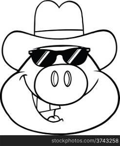Black And White Pig Head Cartoon Character With Sunglasses And Cowboy Hat