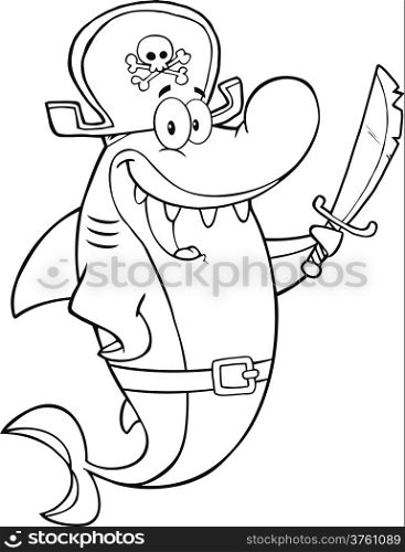 Black And White Pirate Shark Cartoon Character Holding A Sword
