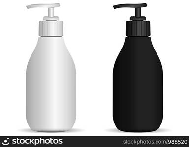 Black and White Plastic pump bottles set isolated on background. Package with pump dispenser for cream, liquid soup, foam, shampoo. Vector illustration.. Black and White Plastic pump bottles set isolated