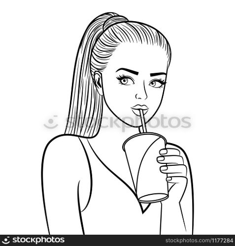 Black and white pretty girl with paper cup. Flirting pretty young lady drinking coffee coloring page vector illustration. Girl with paper cup coloring page