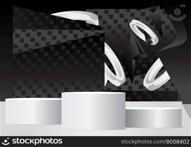 Black and White product display empty scene. Abstract Mockup vector 3D room. Stage showcase, cylinder pedestal podium for presentation. Futuristic Sci-fi minimal geometric forms.