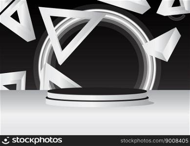Black and White product display empty scene. Abstract Mockup vector 3D room. Stage showcase, cylinder pedestal podium for presentation. Futuristic Sci-fi minimal geometric forms.