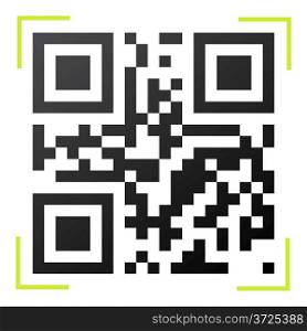 Black and white QR code with green reader frame vector illustration.